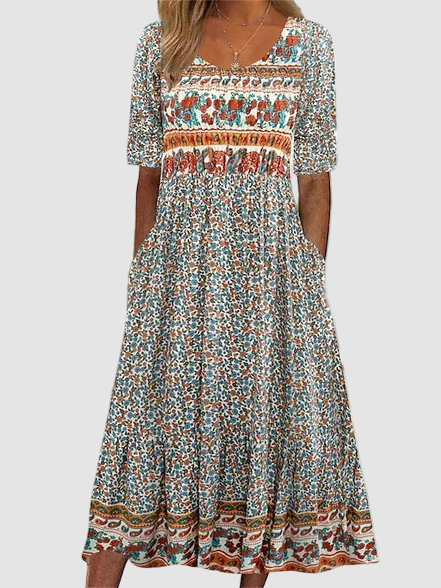 Abigail | Dámské boho midi šaty s krátkým rukávem a čtvercovým výstřihem