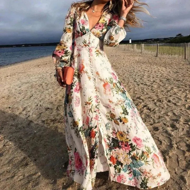 Evelyn | Dámské Boho maxi šaty s dlouhým rukávem a květinovým vzorem