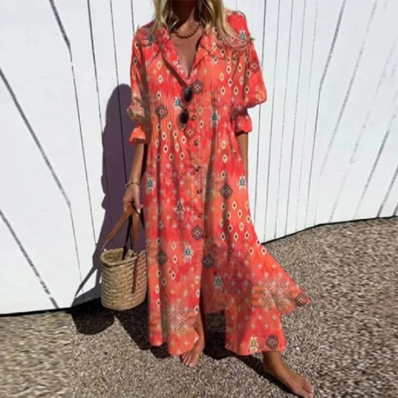 Catherine | Dámské Boho květinové maxi šaty s dlouhými rukávy