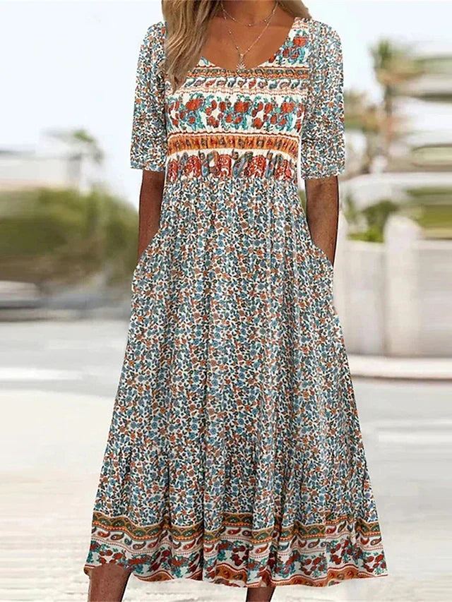 Abigail | Dámské boho midi šaty s krátkým rukávem a čtvercovým výstřihem
