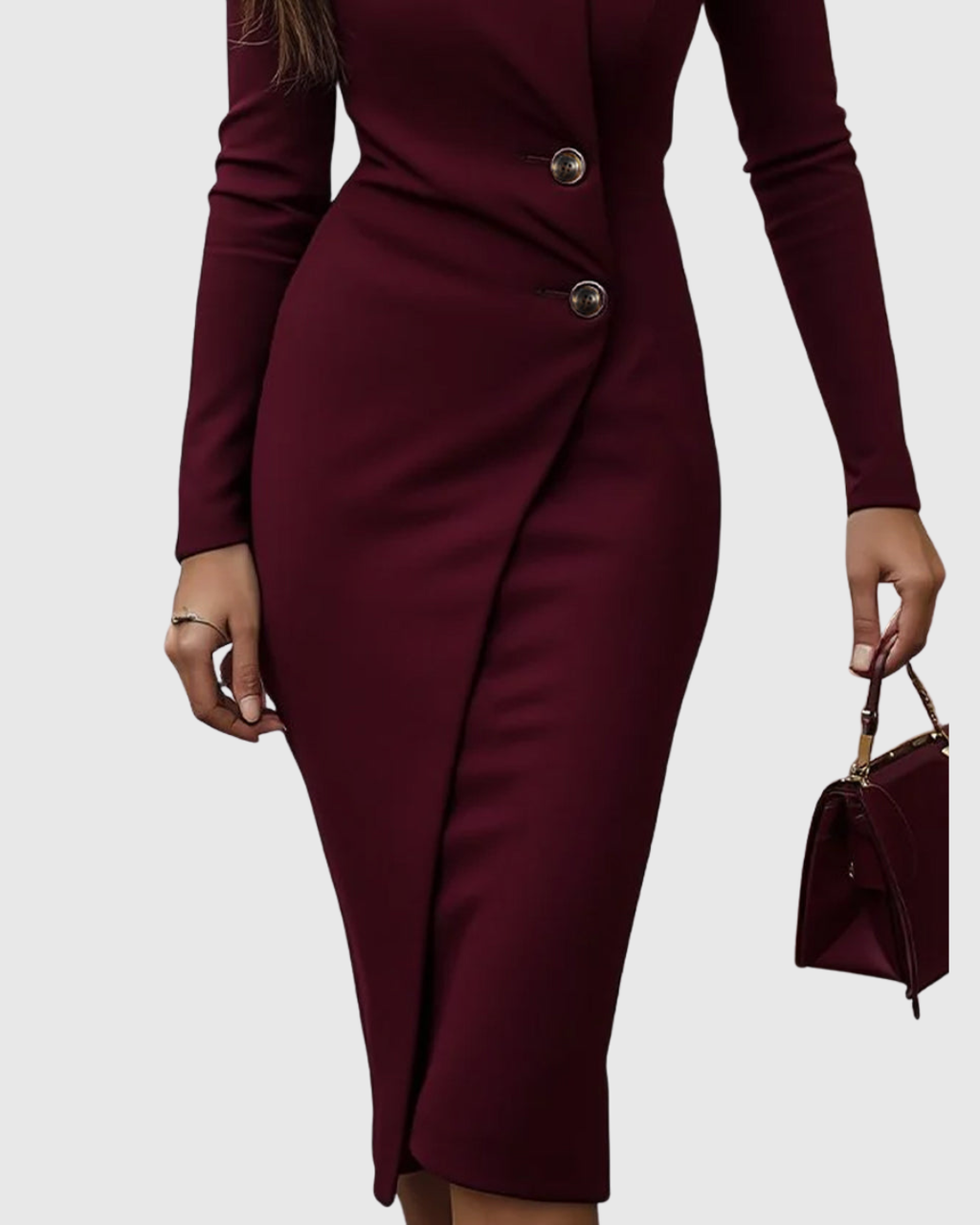 Luned | Burgundy Midi Šaty s Překládaným Designem a Knoflíky