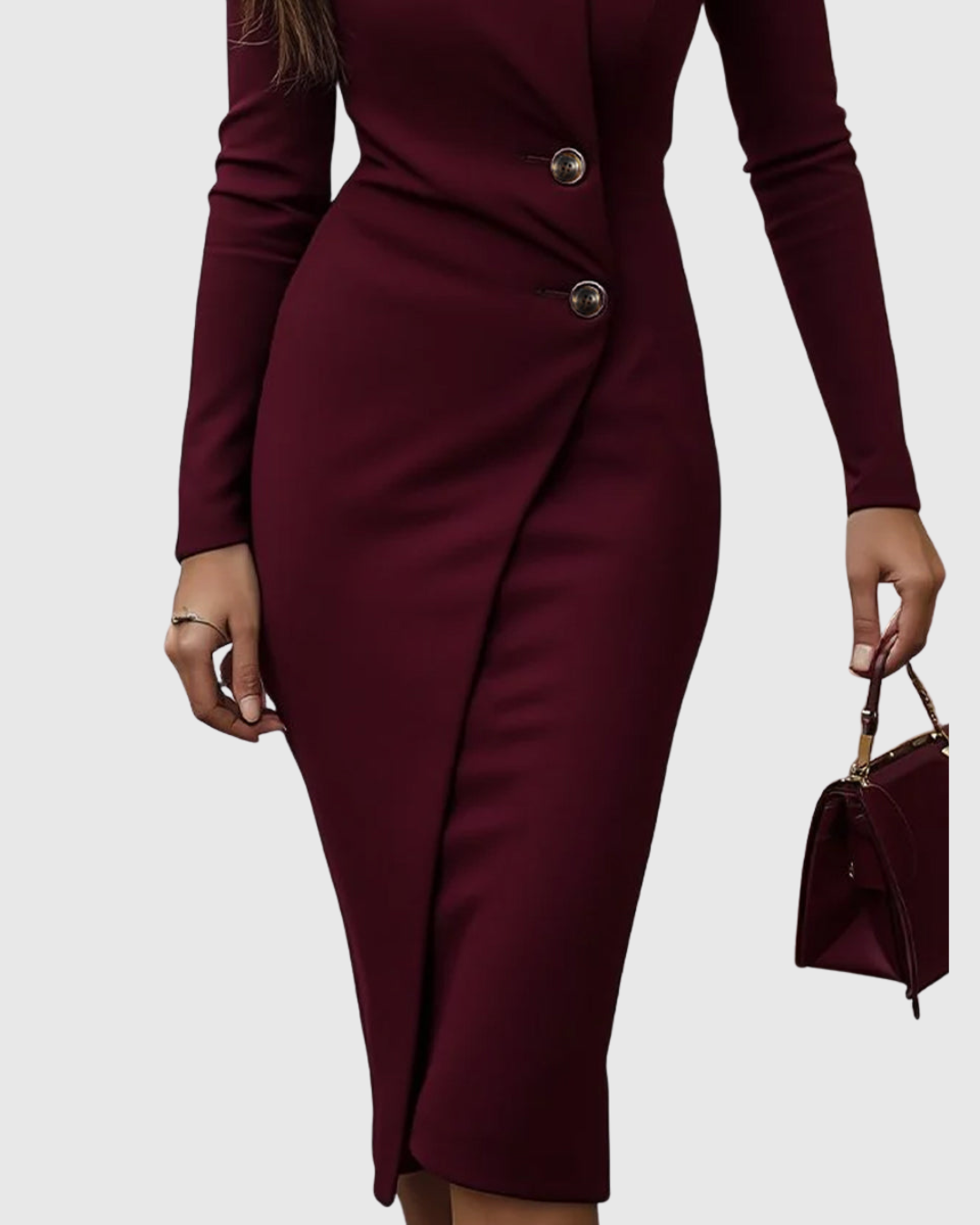 Luned | Burgundy Midi Šaty s Překládaným Designem a Knoflíky
