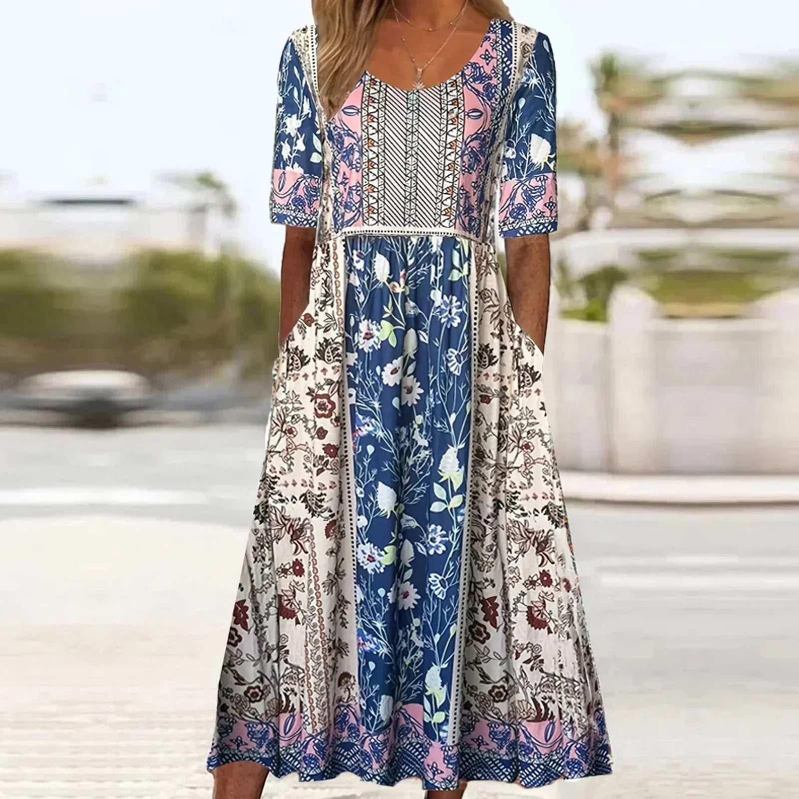 Abigail | Dámské boho midi šaty s krátkým rukávem a čtvercovým výstřihem