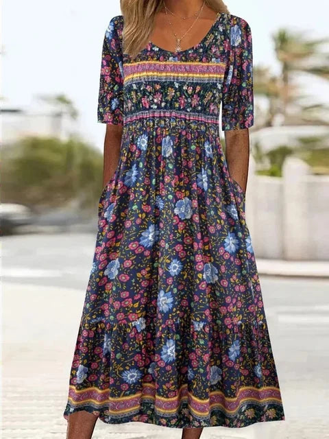 Abigail | Dámské boho midi šaty s krátkým rukávem a čtvercovým výstřihem