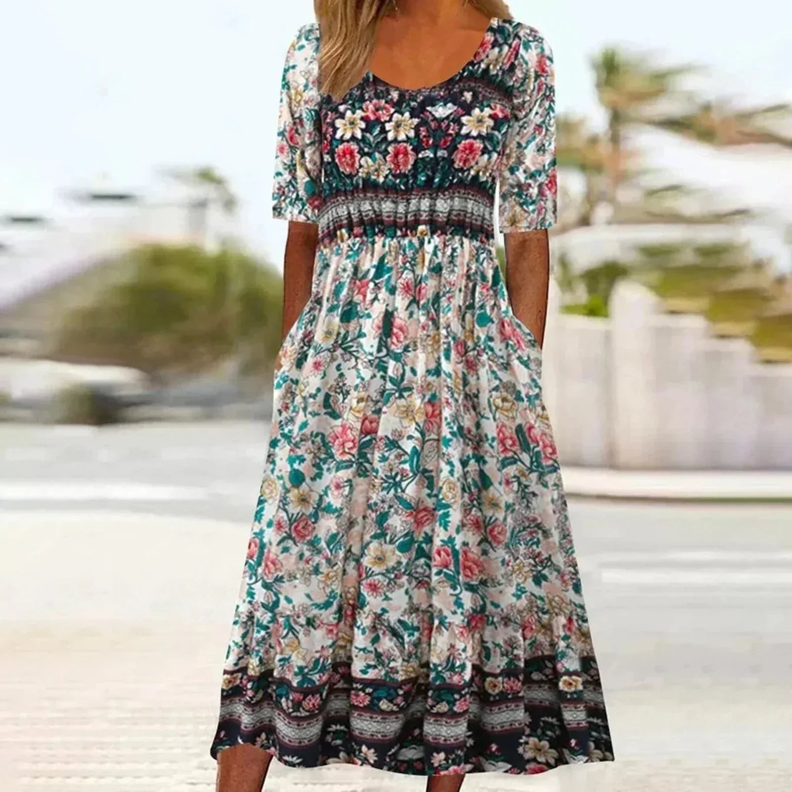 Abigail | Dámské boho midi šaty s krátkým rukávem a čtvercovým výstřihem