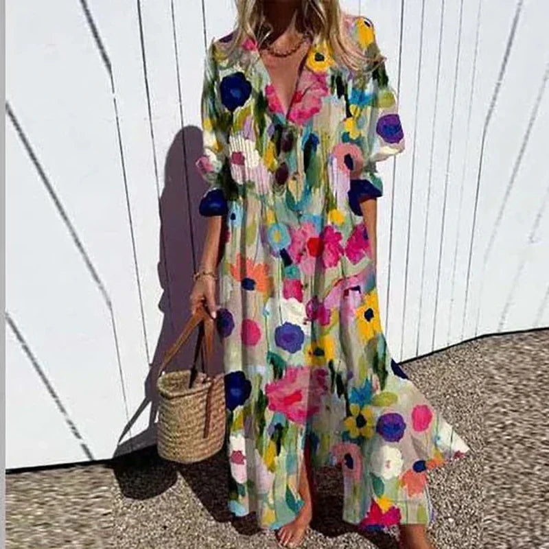 Catherine | Dámské Boho květinové maxi šaty s dlouhými rukávy