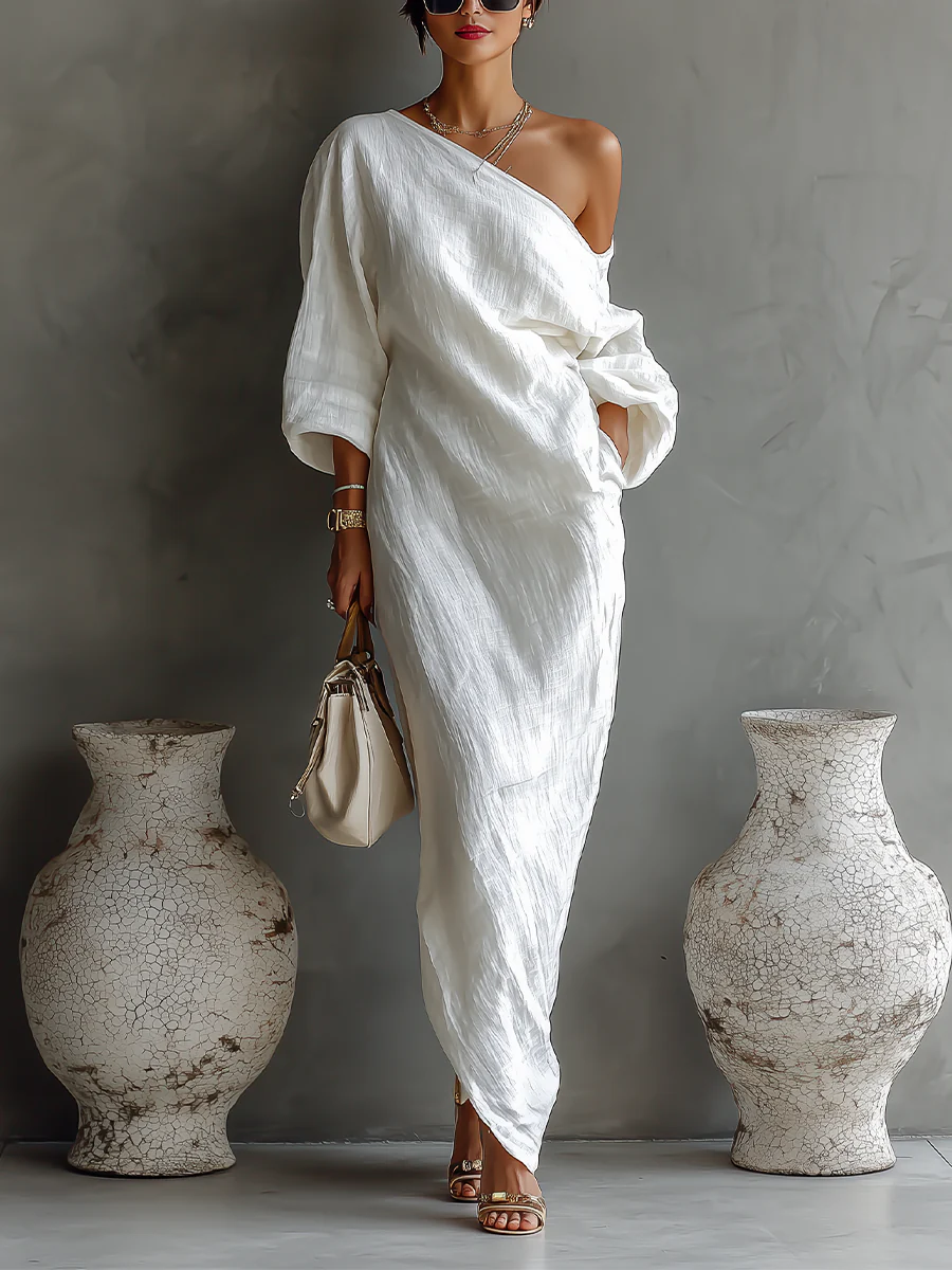 Elise™ | Elegantní bílé maxi šaty s asymetrickým ramenem