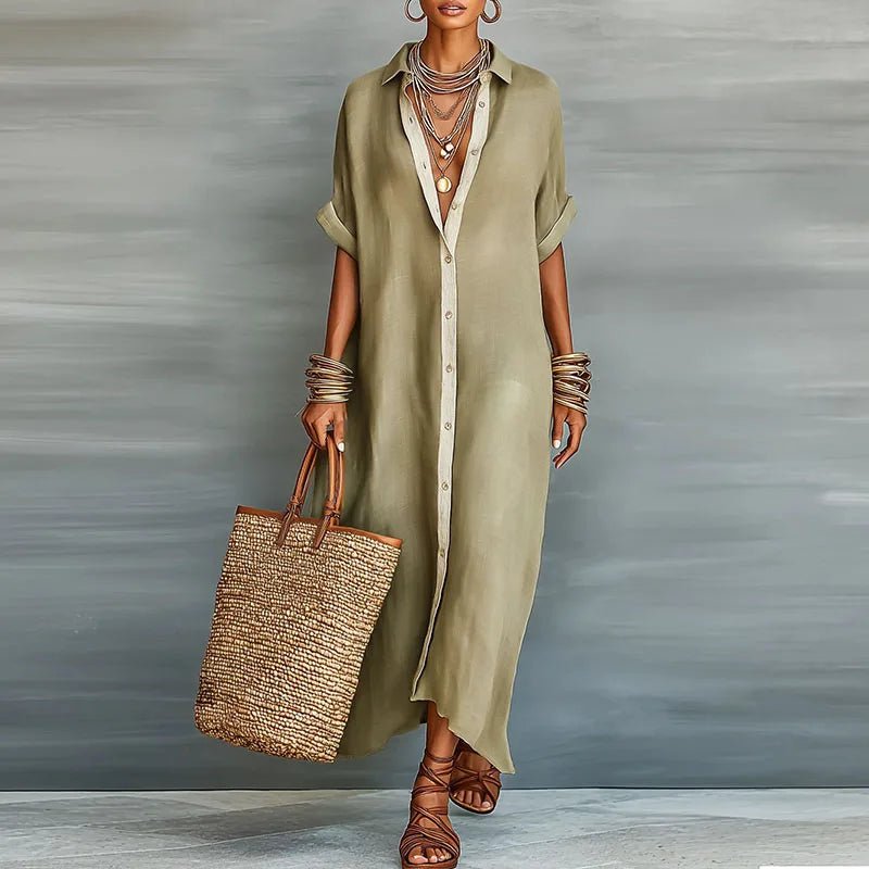 Luna | Relaxed Maxi Linen Shirt Dress with Short Sleeves